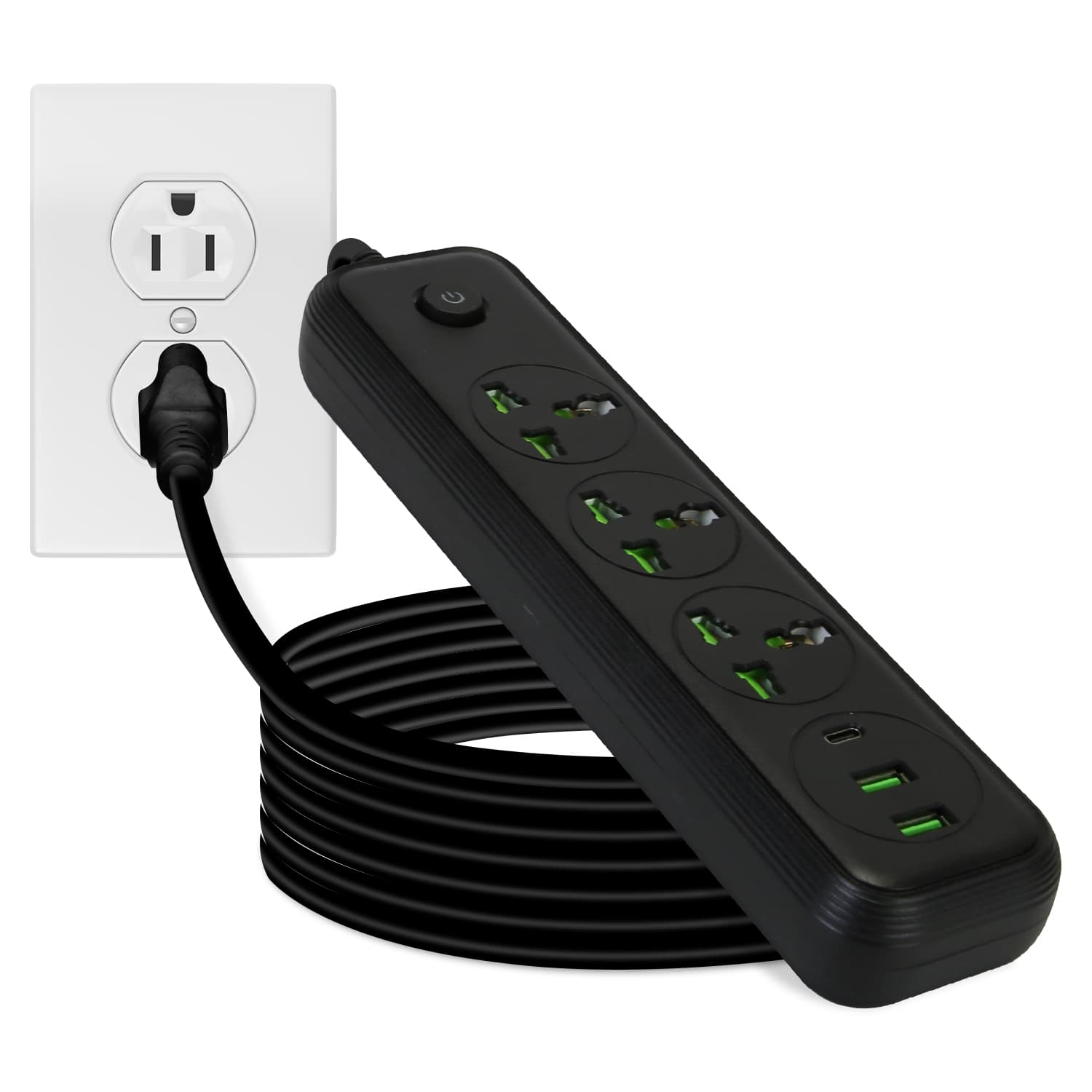 Regleta de Pared con 6 Puertos 3 Enchufes y 2 USB + USB-C
