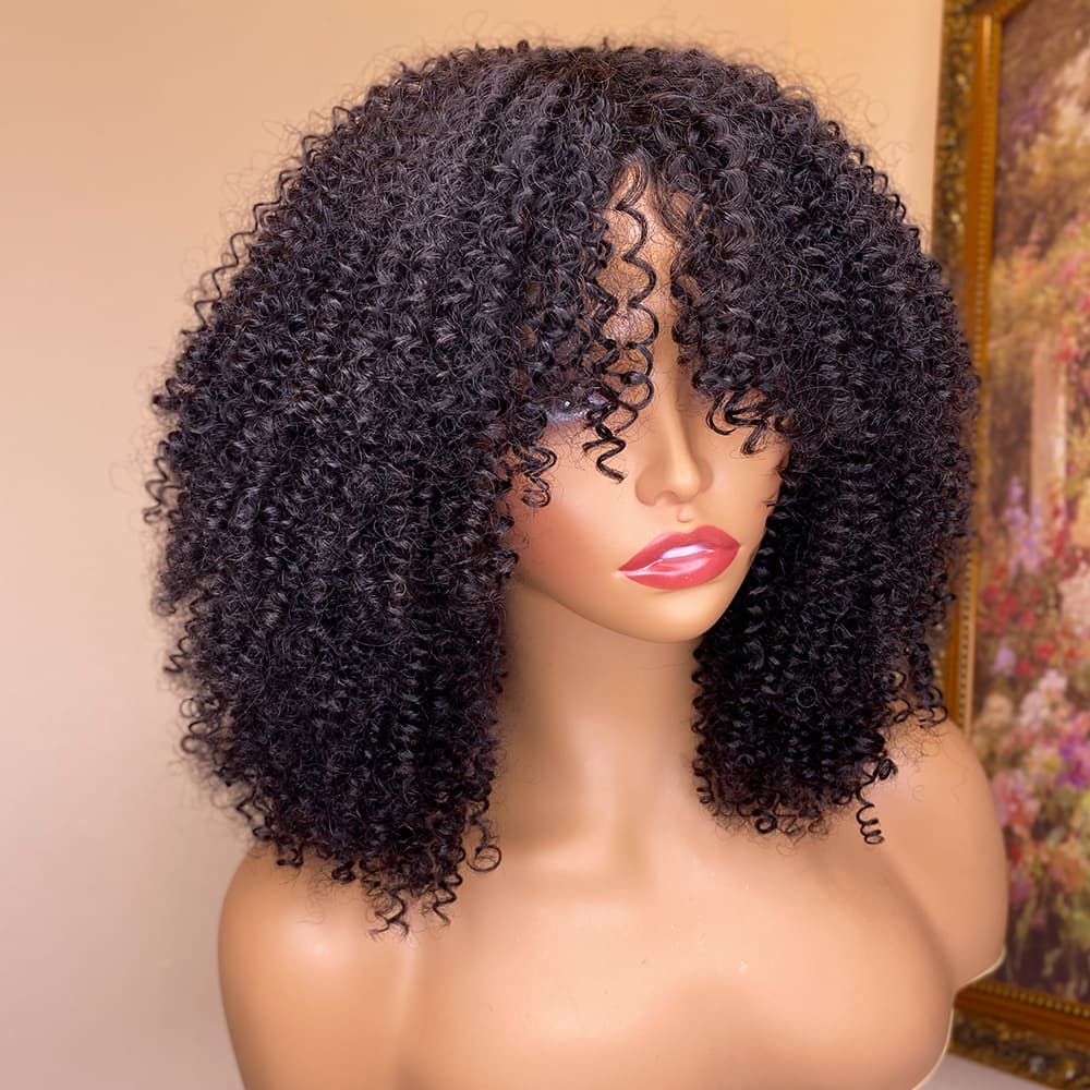 Peluca de Cabello Natural Kinky Curly con Flequillo