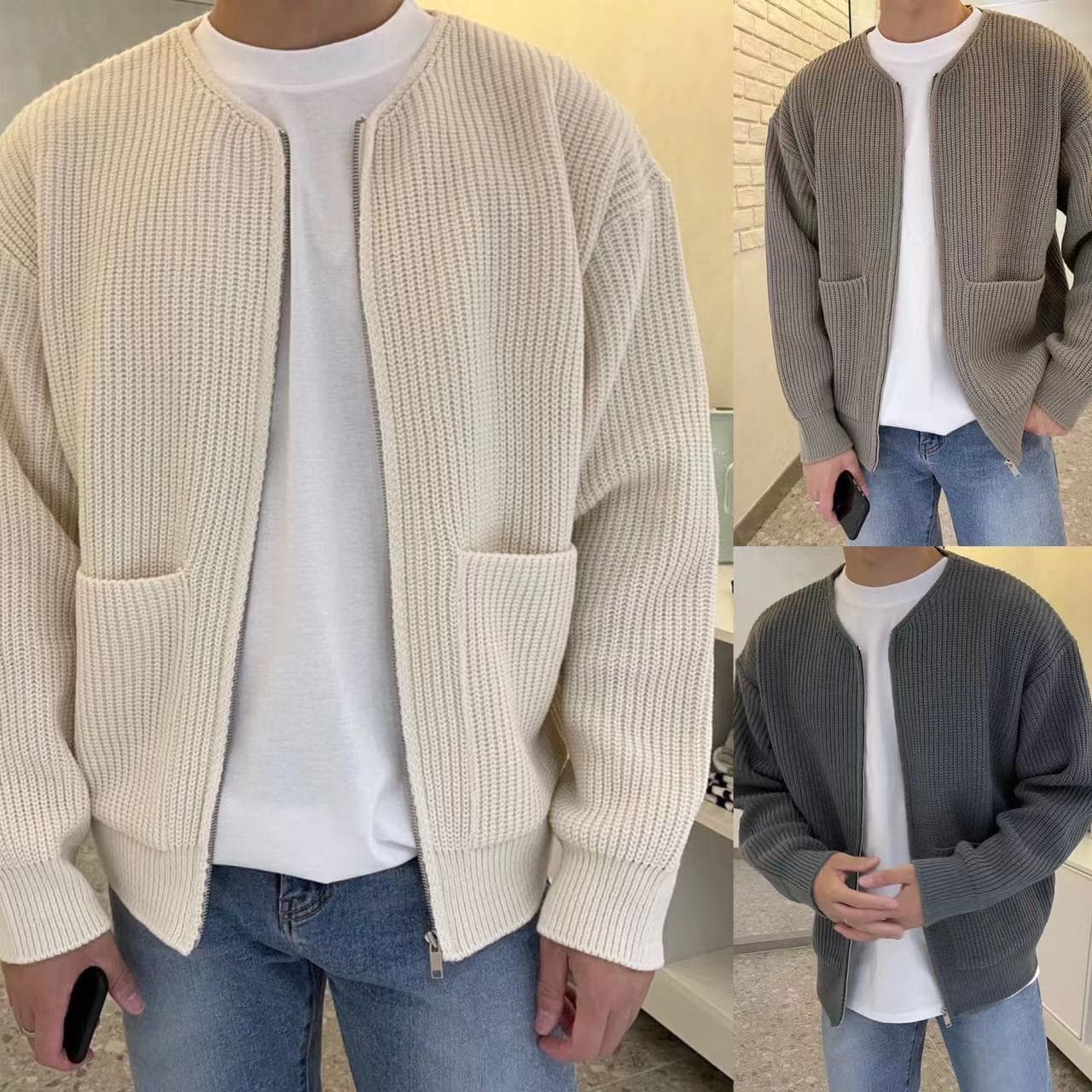 Cardigan de punto para hombre con cremallera y cuello alto