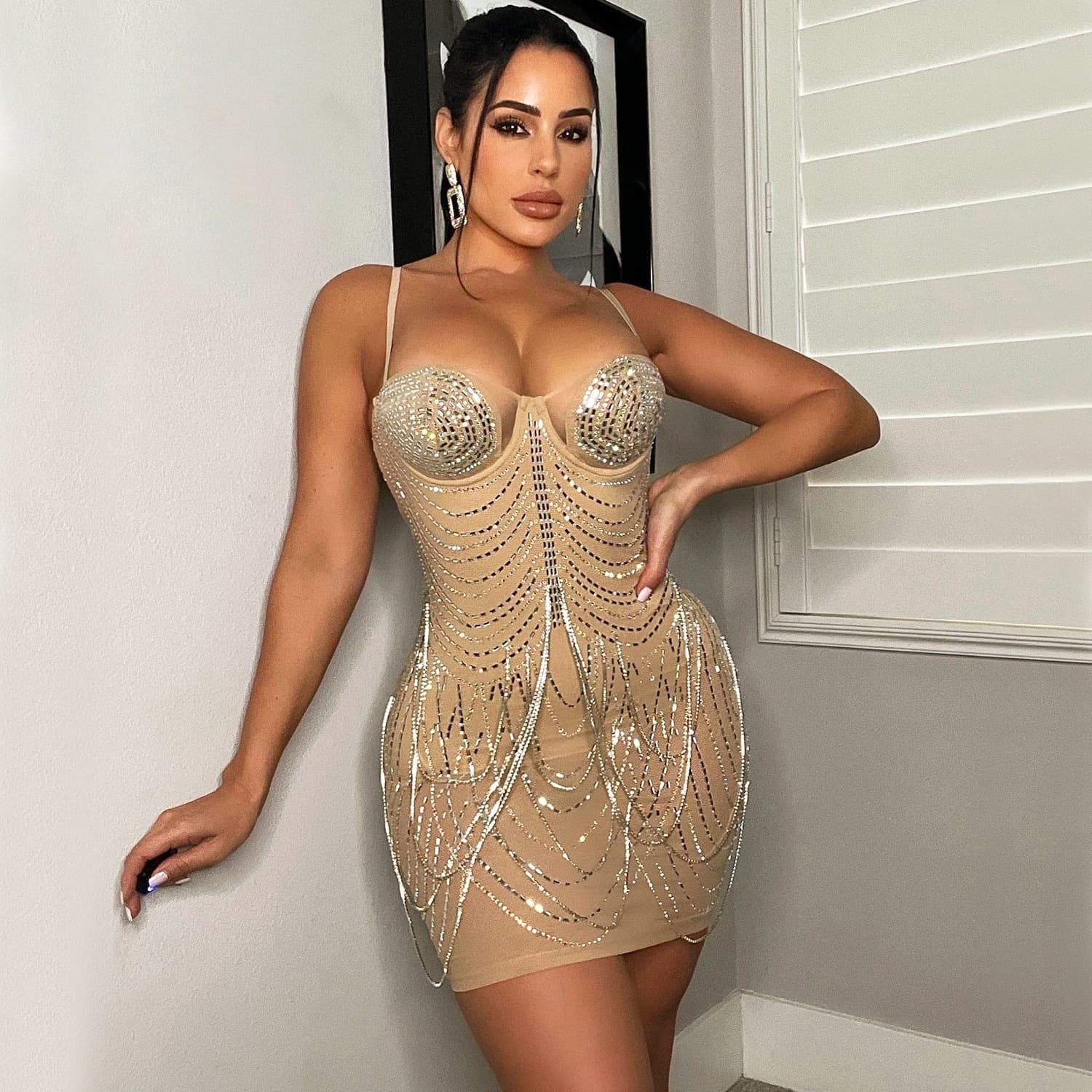 Vestido de Fiesta con Tirantes Flecos para Mujer