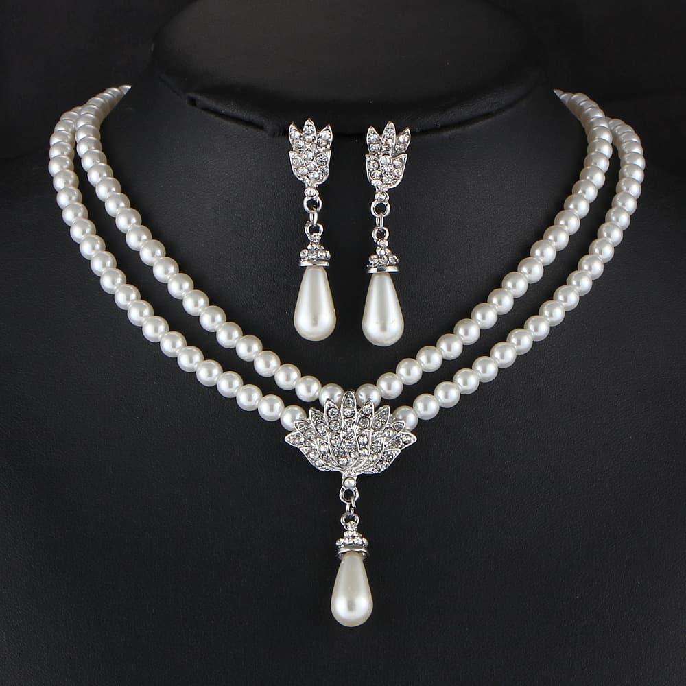 Conjunto de Collar de Perlas y Cristales para Novia