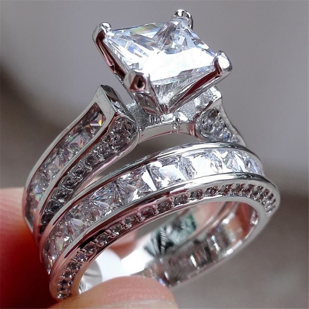 Anillos de Pareja Plata Diamante Princess - Promesa y Compromiso