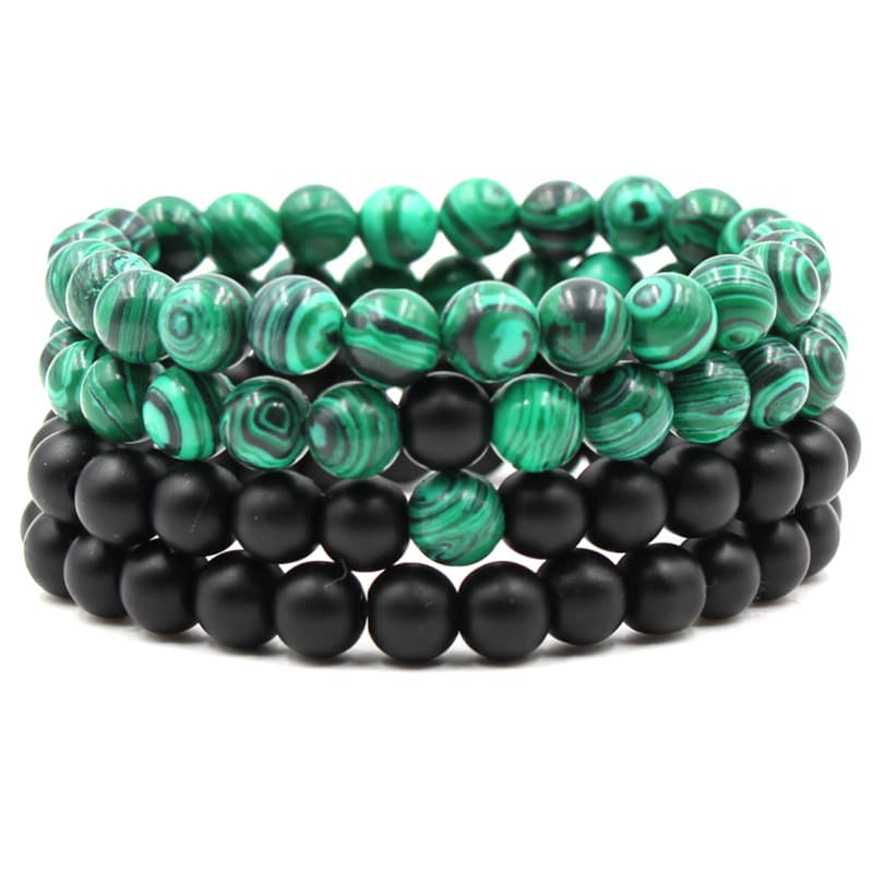 Pulsera Elástica de Malaquita Verde y Negro Mate Unisex
