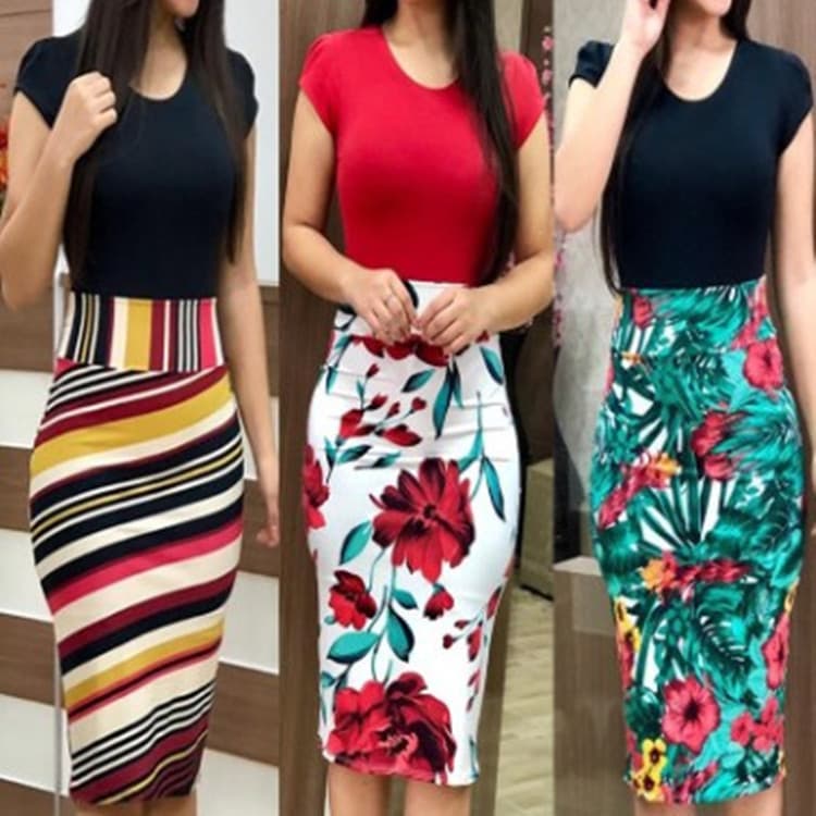 Vestido Midi Lápiz Estampado para Oficina Talla Grande
