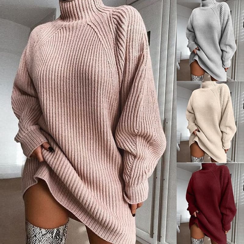 Vestido Suéter Cuello Alto Largo para Invierno Mujer