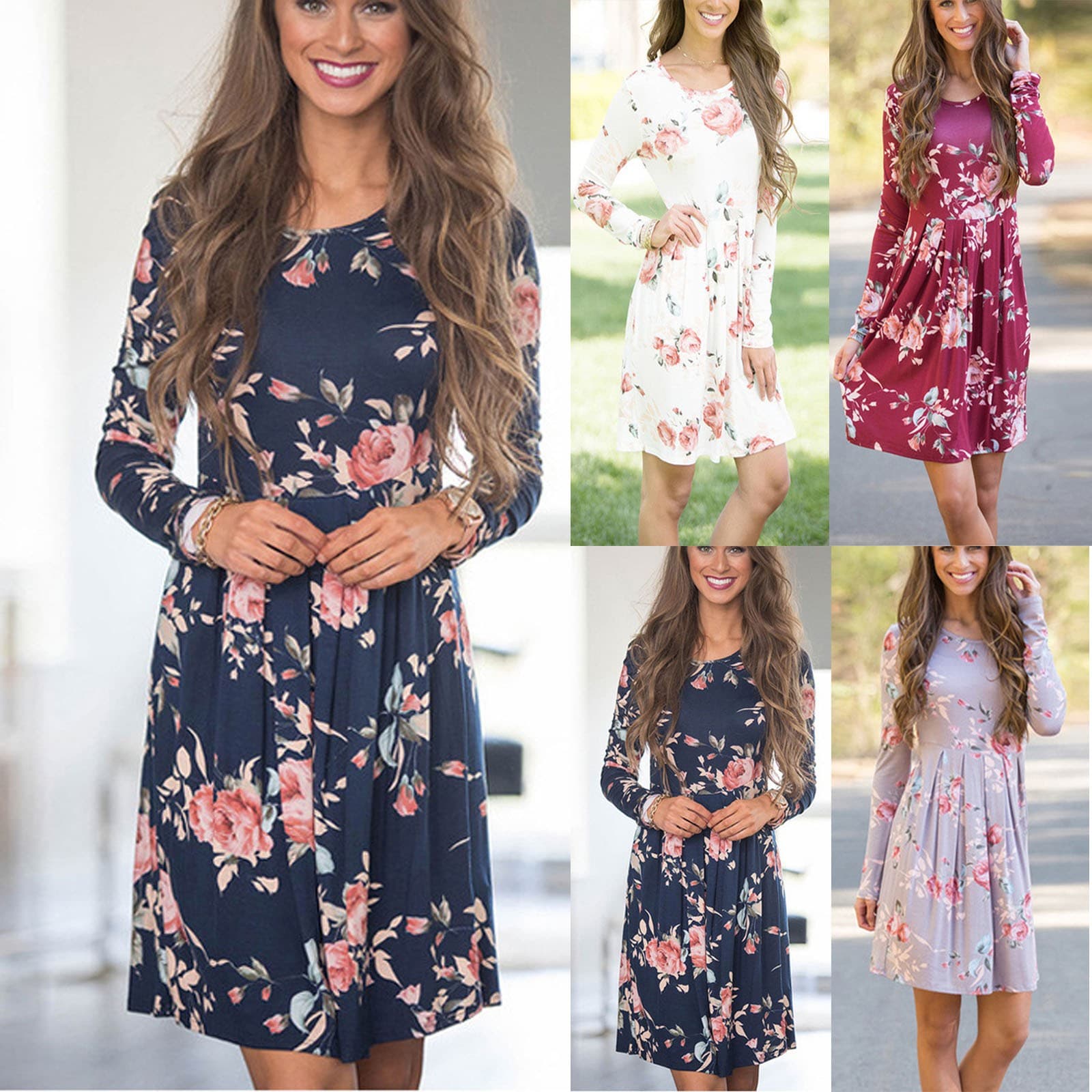 Vestido Floral Elegante Manga Larga Cintura Alta