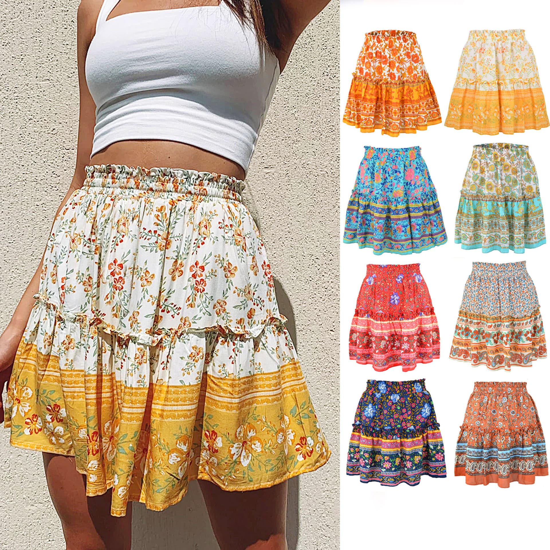 Falda Bohemia Floral Cintura Alta Volantes
