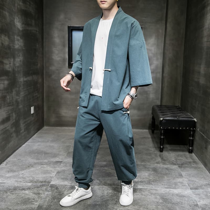 Traje Lino Hanfu Hombre Manga 3/4 Talla Grande