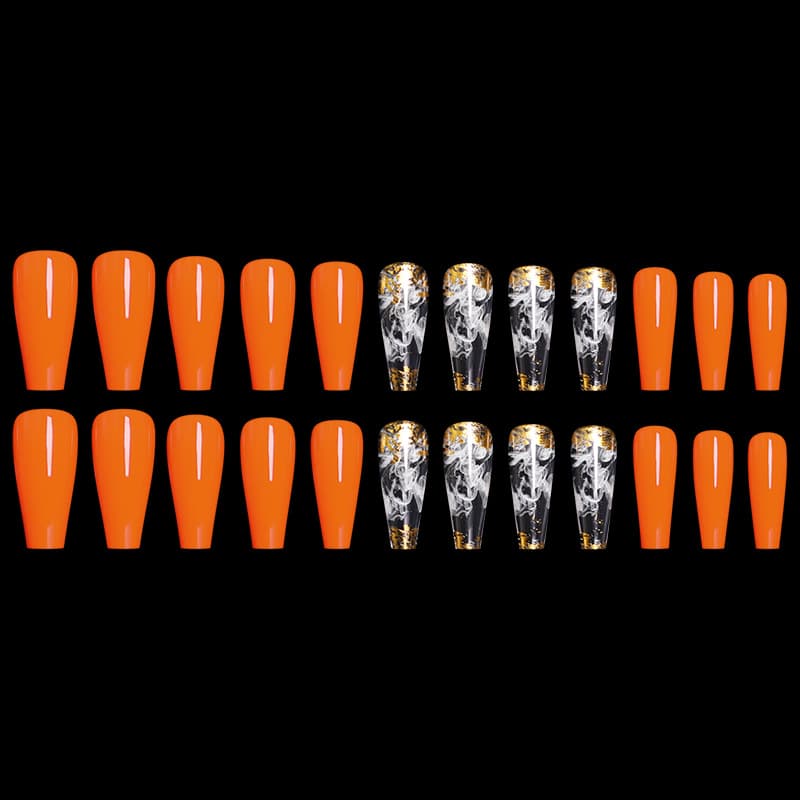 Uñas Postizas Ballet Naranja Rojo con Patrón Ahumado