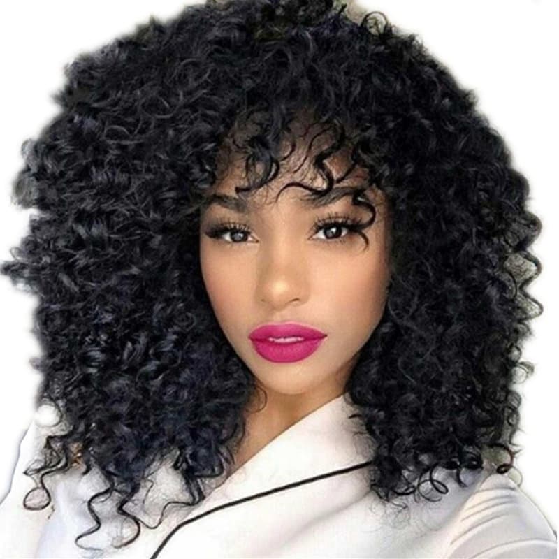 Peluca Rizada Afro Cabello Corto con Flequillo