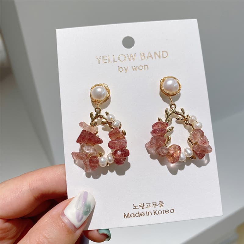 Pendientes de Perla Temperamento Hada Cristal Neto Rojo Diseño Hoja