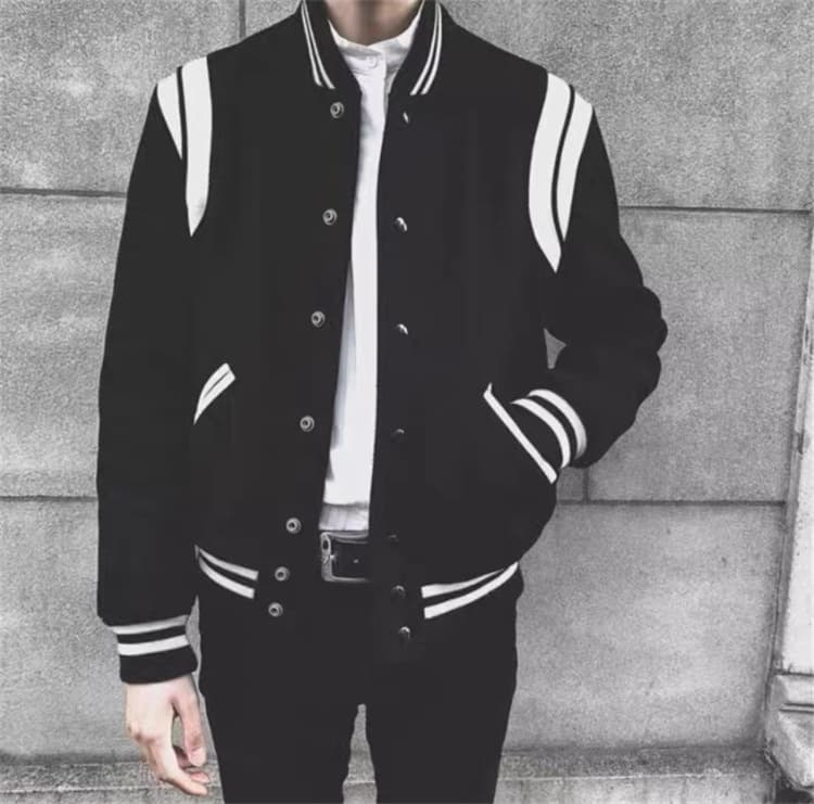 Chaqueta Aviator Lana Negra Costura Blanca