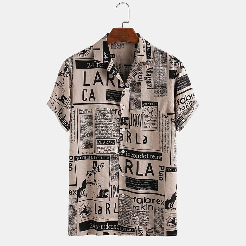 Camisa Hawaiana Hombre Vintage Estampado Periódico Talla 3XL