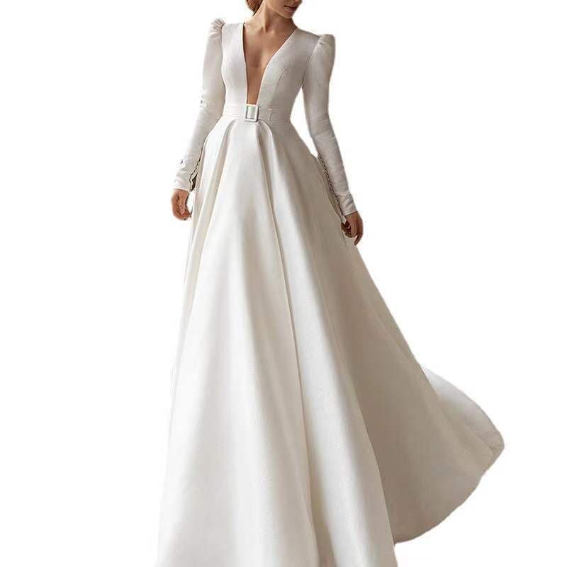 Vestido Largo Blanco Satinado Elegante Estilo Francés