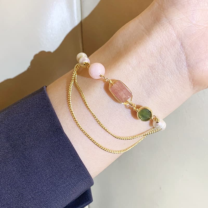 Pulsera de Perlas de Agua Dulce y Cristal Fresa para Mujer