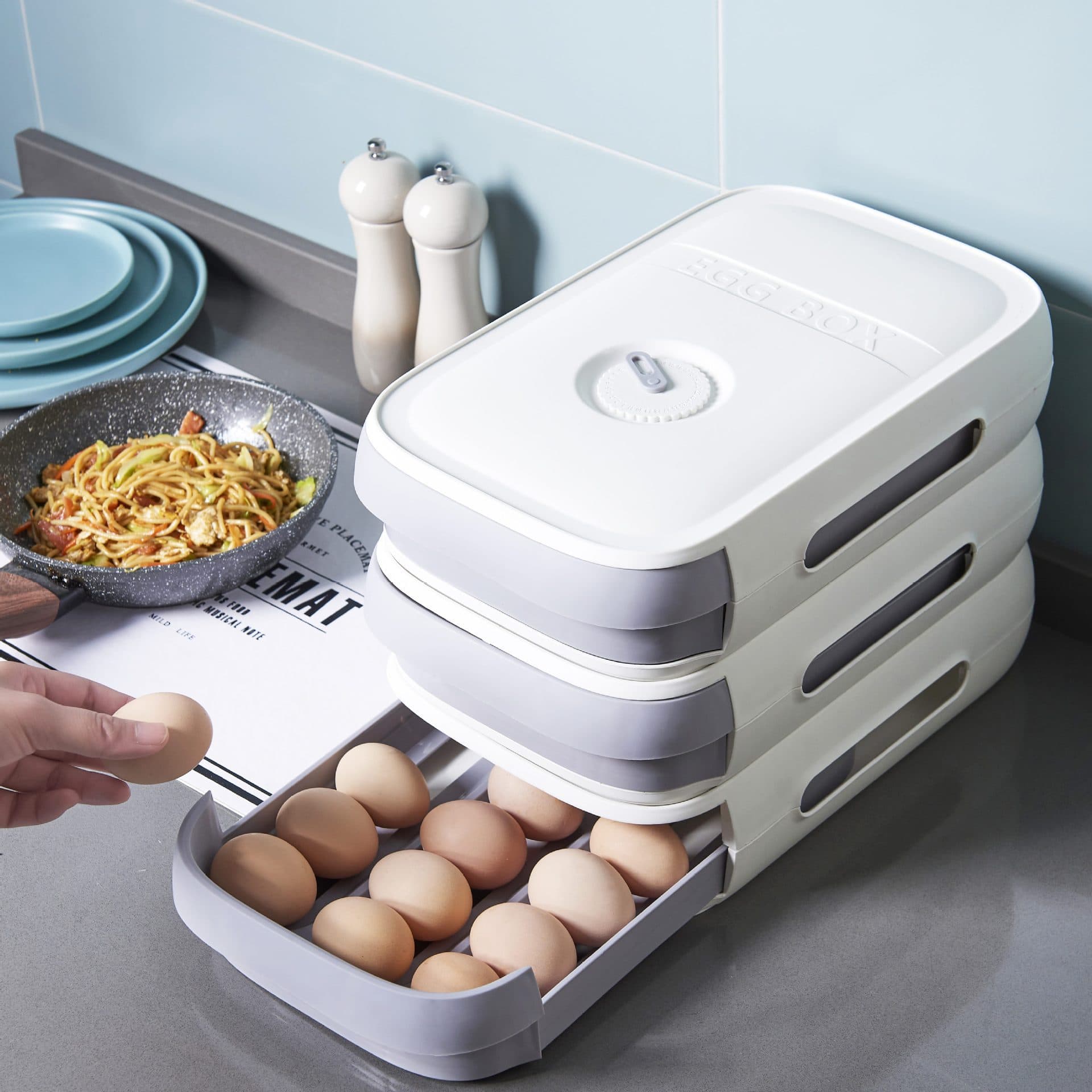 Organizador de huevos y dumplings para frigorífico con cajón