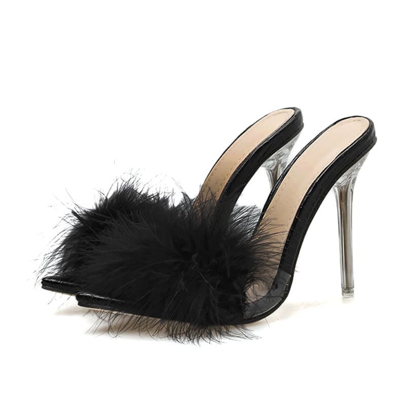 Zapatillas de Tacón Alto Transparentes con Plumas