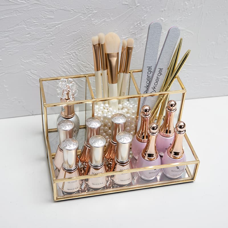 Organizador de Cosméticos de Cristal con Detalles Dorados