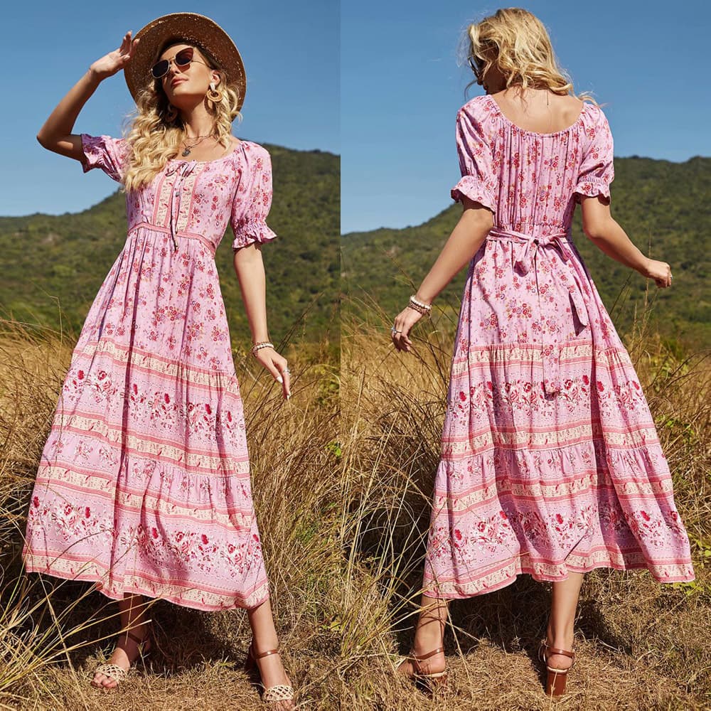 Vestido Largo Elegante con Estampado Floral y Cinturón