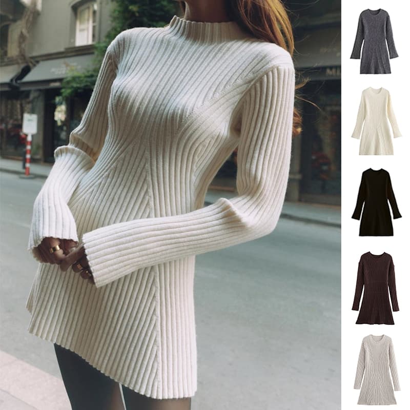 Vestido Punto Acanalado Cuello Alto Ajustado Invierno