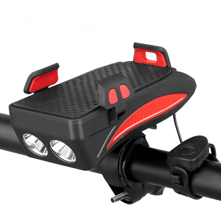 Soporte para móvil con cargador, campana y luz frontal para bicicleta