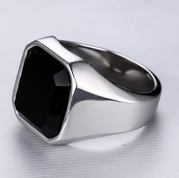 Anillo de acero inoxidable con ágata negra para hombre