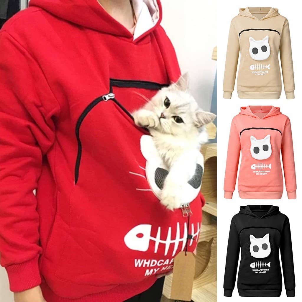 Sudadera con capucha diseño gato bolsillo para mujer