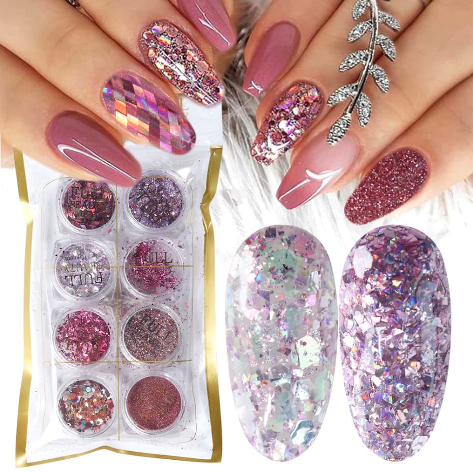 Set de 8 Polvos Brillantes para Nail Art