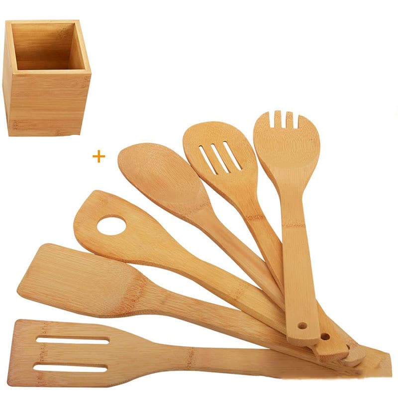 Set de Espátulas de Bambú con Soporte Cuadrado