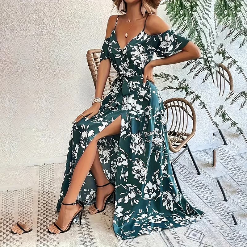 Vestido Maxi Floral Hombros Descubiertos con Cinturón