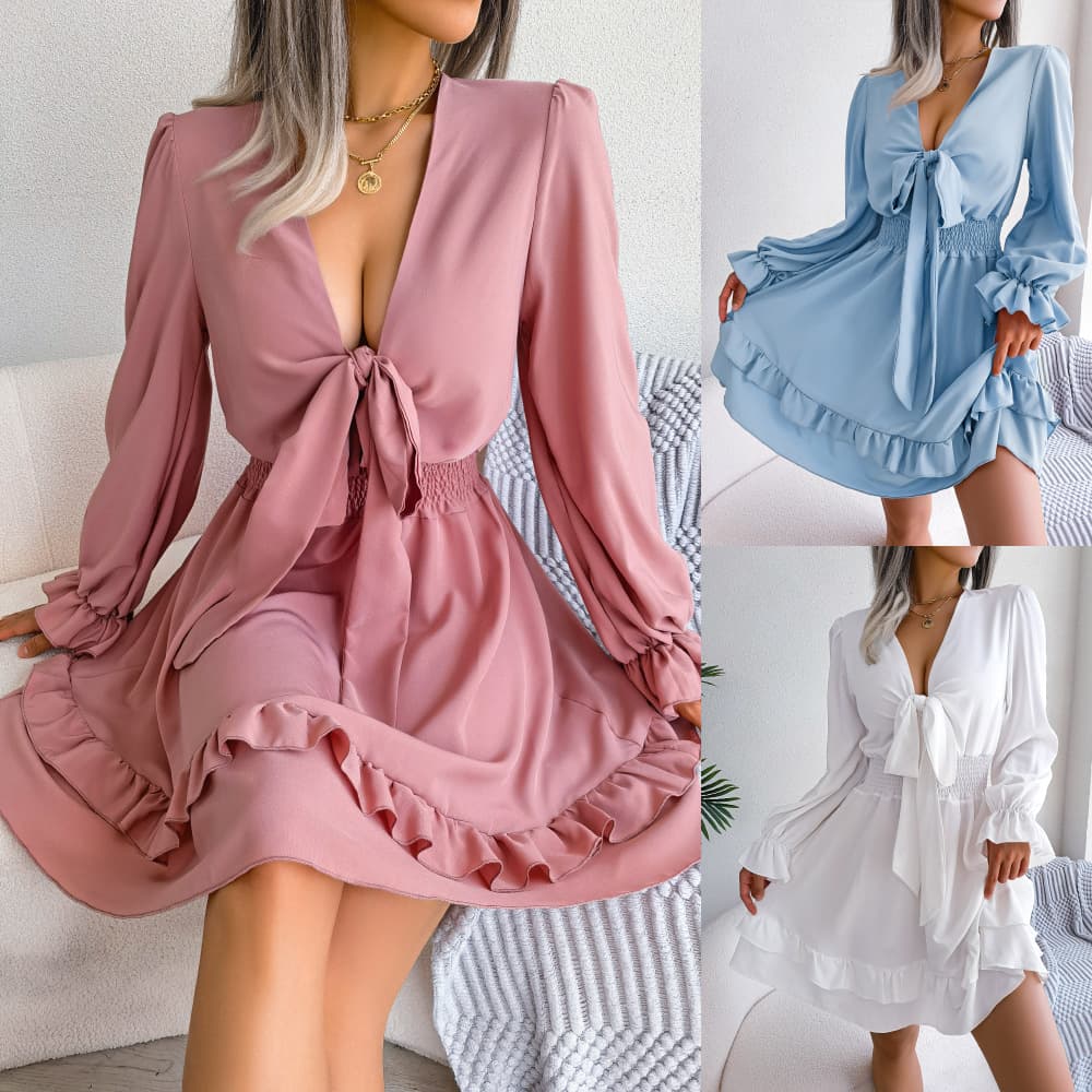 Vestido de Verano V-Escote Cintura Lace Up Mujer