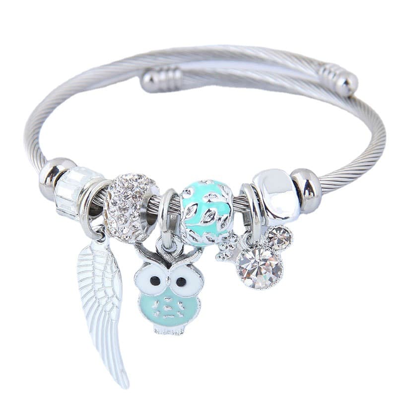 Pulsera de Acero Inoxidable Colgante Búho Alas de Ángel