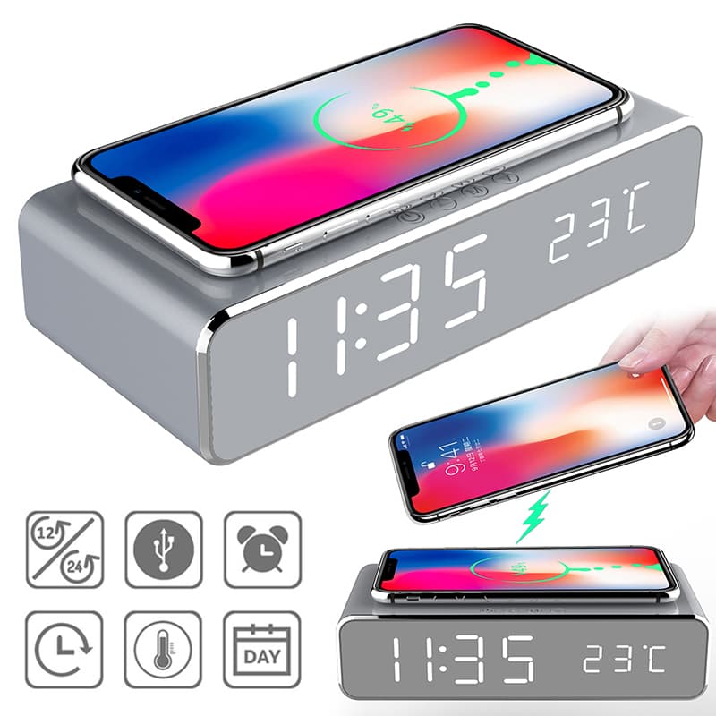 Reloj Despertador LED con Cargador Inalámbrico y Espejo