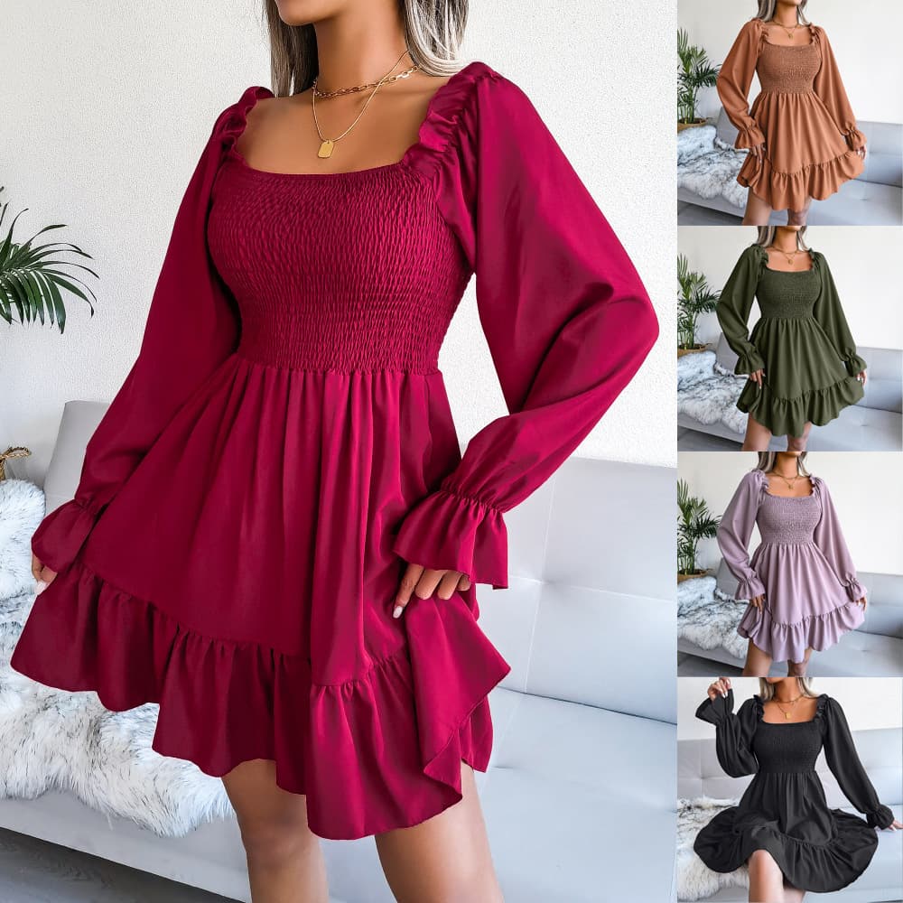 Vestido Largo de Manga Acampanada con Cuello Cuadrado