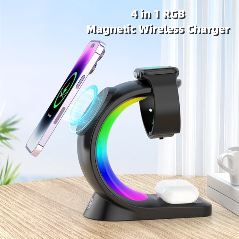 Cargador Inalámbrico Magnético 4 en 1 con Luz Atmosférica
