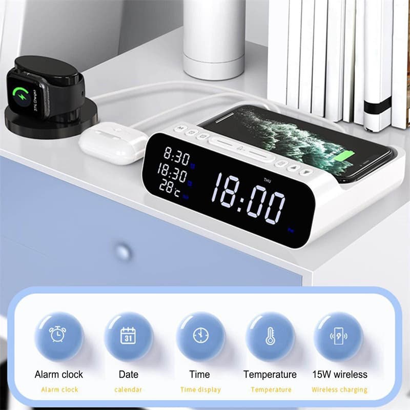 Cargador Inalámbrico 15W 3 en 1 con Reloj y Termómetro