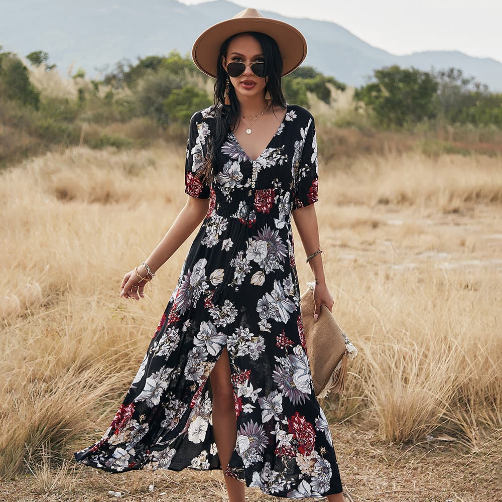 Vestido de Playa Floral con Cuello en V y Cintura Elástica