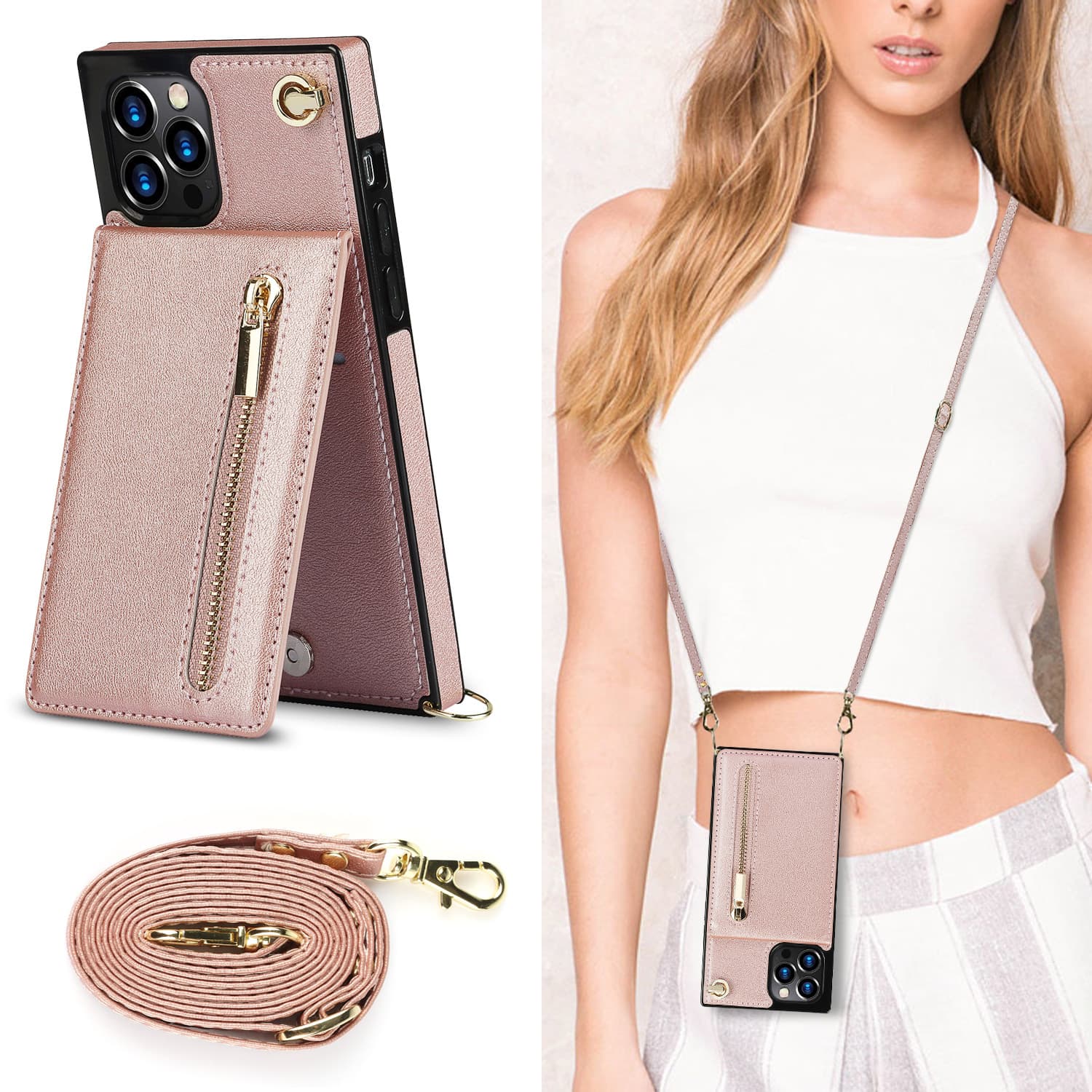 Funda Teléfono con Cremallera y Correa Cruzada