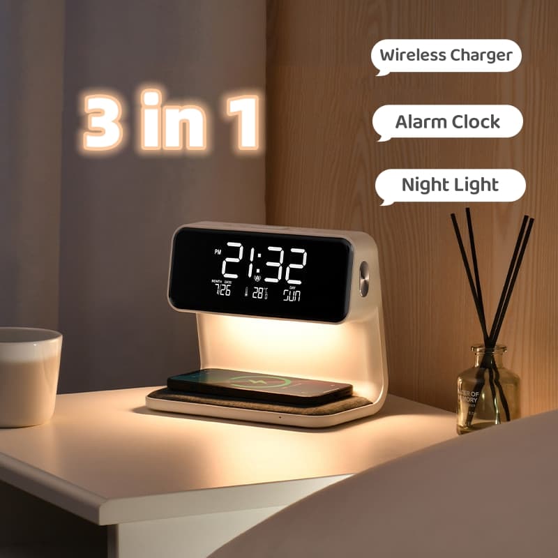 Lámpara de Mesita 3 en 1 con Cargador Inalámbrico y Reloj Despertador