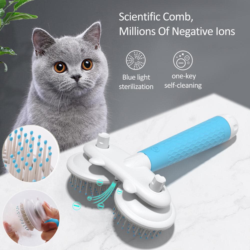 Cepillo Doble para Mascotas con Iones Negativos y Autolimpieza