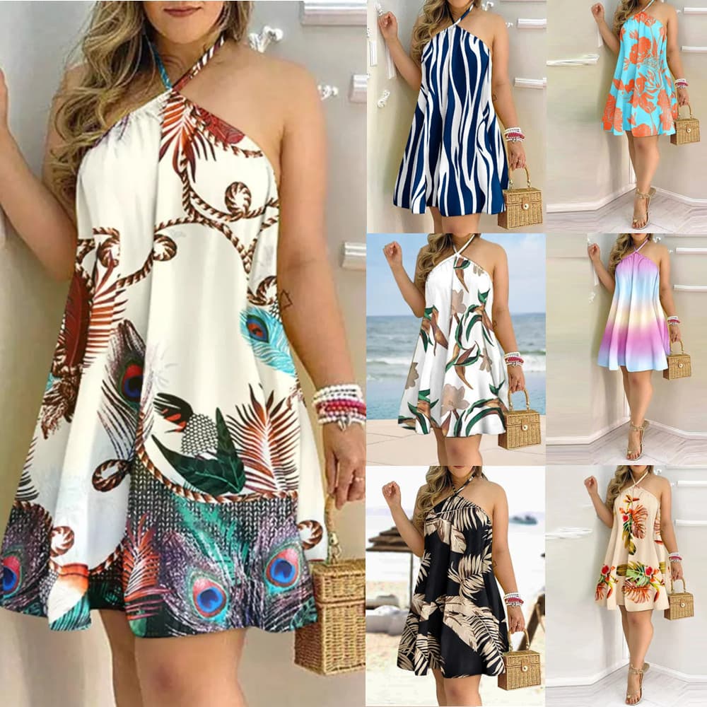 Vestido Estampado Verano Cuello Halter Sin Mangas Mujer