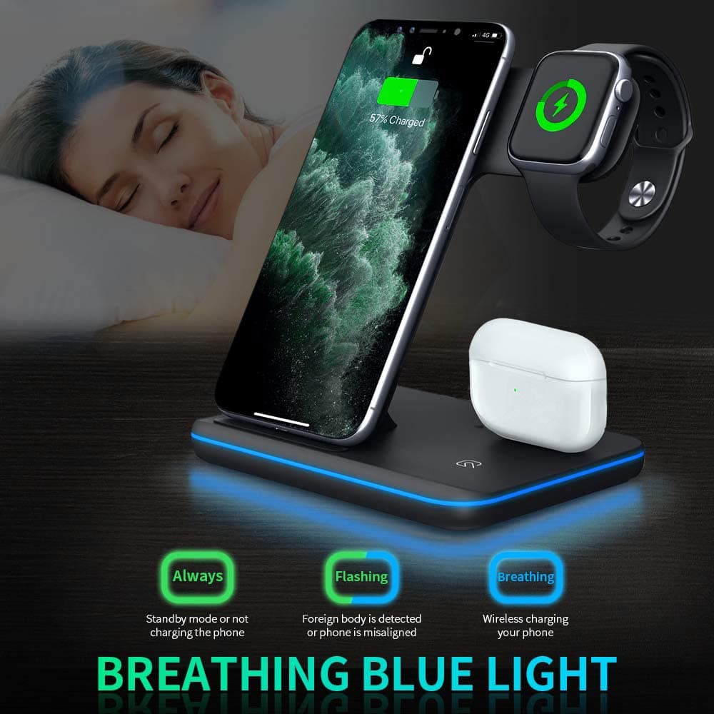 Base de Carga Inalámbrica 3 en 1 para Smartphone, Smartwatch y Auriculares