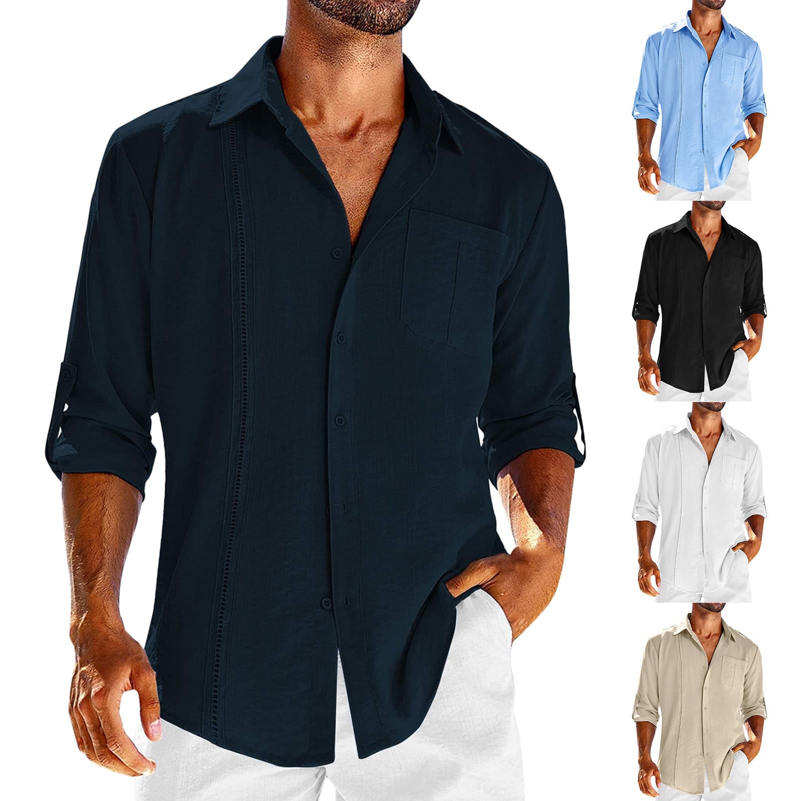 Camisa Casual de Manga Larga con Cuello Polo para Hombre