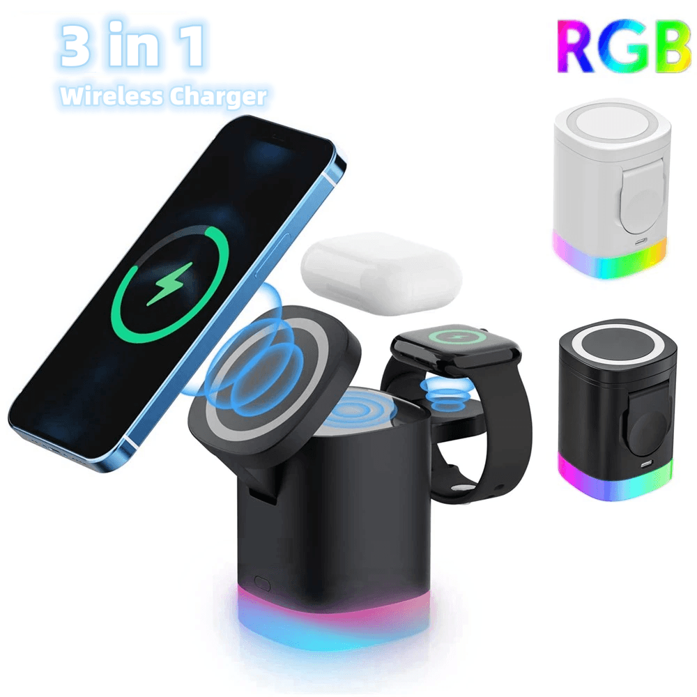 Cargador Inalámbrico Magnético 3 en 1 con Luz RGB