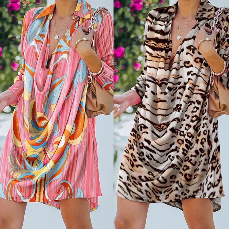 Vestido Camisero Vintage Estampado Leopardo Manga Larga