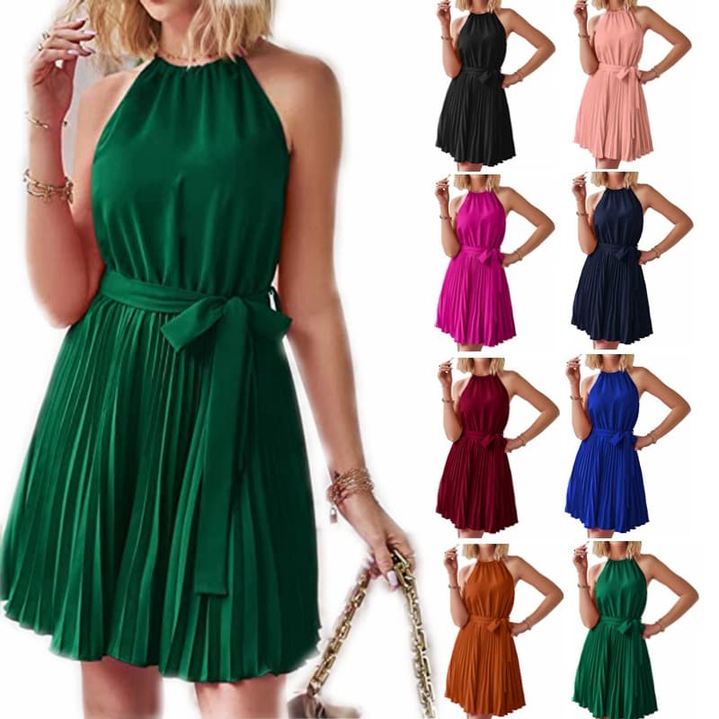 Vestido Halter Plisado Liso para Mujer - Sundress Playa