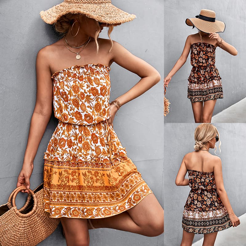Vestido Bohemio Flores Escote Bardot Playa Verano