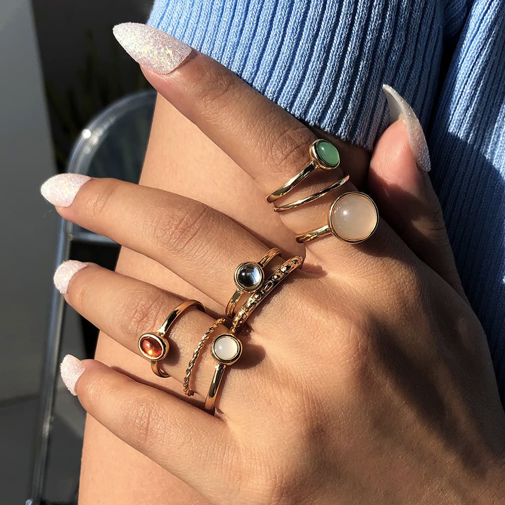 Anillos Metalizados de Piedra Colorida para Mujer