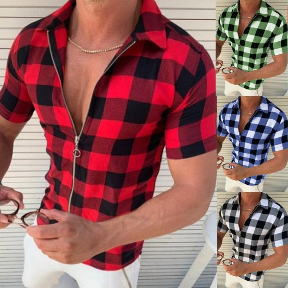 Camiseta de Cuadros para Hombre con Cremallera