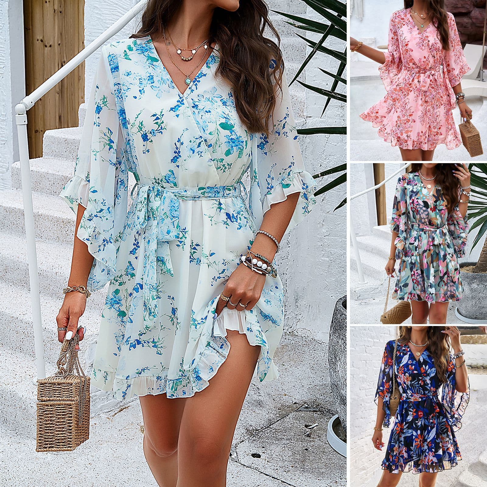 Vestido Floral Corto con Volantes y Cordones